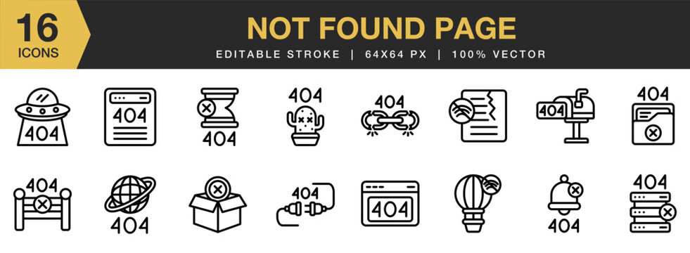 Not Found Page icon set. Editable Stroke Icon Collection. Includes not found page line icons, and More. Outline icons vector collection.