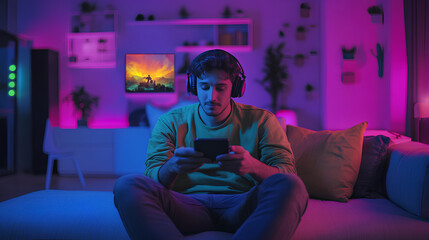 Naklejka premium Happy asia man gamer wear headphone competition play video game online with smartphone colorful neon light in living room at night modern house. 