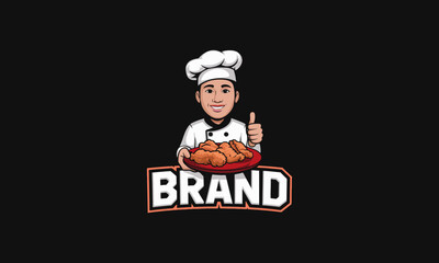 Chef holding a platter of fried chicken with branding.