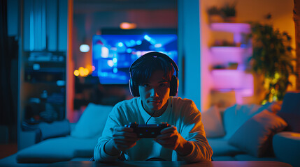 Obraz premium Happy asia man gamer wear headphone competition play video game online with smartphone colorful neon light in living room at night modern house. 