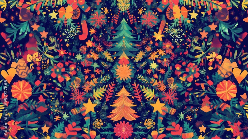 Aufkleber the composition showcases an intricate blend of christmas elements like trees, stars, and gifts, cre