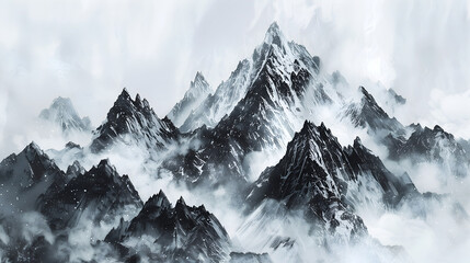 illustration of a mountain landscape, black and white  mountains on white background