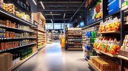 Fototapeta premium Grocery Store Interior with Shelves Full of Products.
