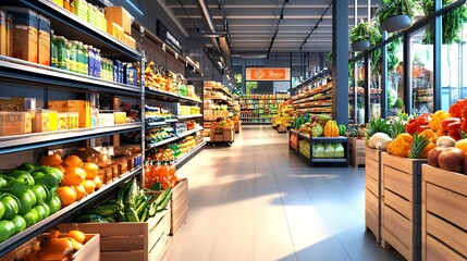 Grocery store interior with fresh produce and shelves stocked with goods.
