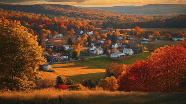 Scenic Small Town Surrounded by Rolling Hills