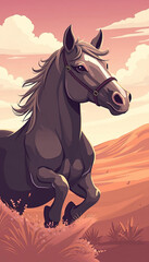 Naklejka premium A brown horse is running through a field with a blue sky in the background