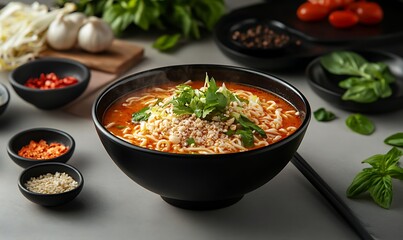Spicy Noodle Soup with Toppings and Steaming Broth