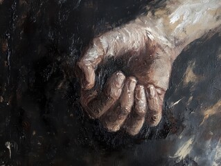 Obraz premium A close-up of a partially open hand against a dark, textured background, conveying themes of vulnerability and emotion.