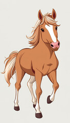 A brown horse is running through a field with a blue sky in the background