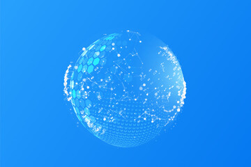 Glass transparent protection sphere shield. Sphere shield with hexagon pattern on blue background. Bubble shield in the form of a force energy field. Protection and safety concept.