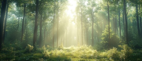 Obraz premium A forest with sunlight shining through the trees