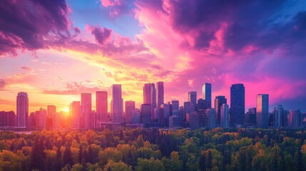 Fototapeta premium A city skyline with a beautiful sunset in the background