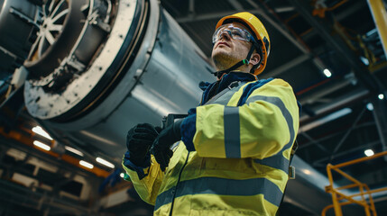 Obraz premium A worker in a safety helmet and reflective gear stands confidently in an industrial setting, overseeing complex machinery operations.