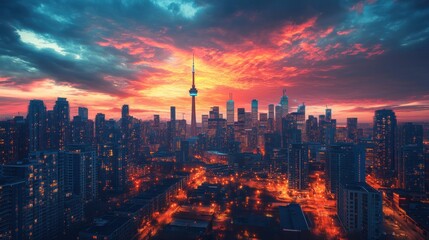 Obraz premium A city skyline with a large tower in the middle