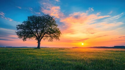 A tree stands in a field with a beautiful sunset in the background