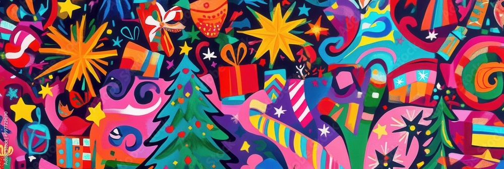 Poster this artwork showcases a lively and colorful abstract pattern with christmas elements such as trees,
