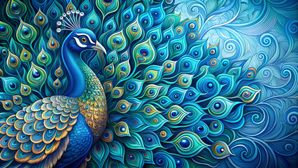 Fototapeta premium Abstract blue peacock design with intricate patterns and vibrant colors, peacock, bird, abstract, blue, feathers, colorful