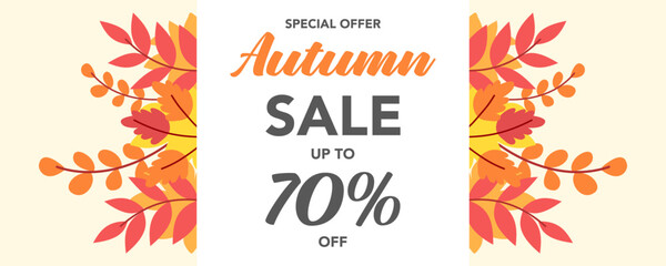 fall sale banner, poster, flyer. Autumn sale, vector illustration with light, warm background, colorful leaves and text. Template for advertising, web, social network. Sale, 70% off.