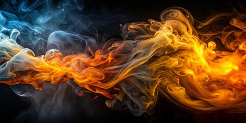 Ethereal Dance of Blue-Grey and Orange-Yellow Smoke Abstract Swirling Art on Black Background - Mystical Elegance for Home Decor, Graphic Design, and Artistic Expression
