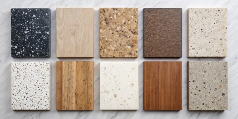 Exquisite Material Samples Displayed on White Marble Elegant Textures Showcase Symmetrical Layout for Design Inspiration and Marketing Collaterals