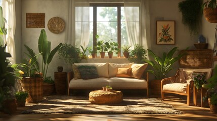 Fototapeta premium A tranquil and sunlit living space adorned with lush greenery and cozy furnishings, inviting relaxation and peace, a perfect sanctuary for anyone seeking comfort and connection with nature.
