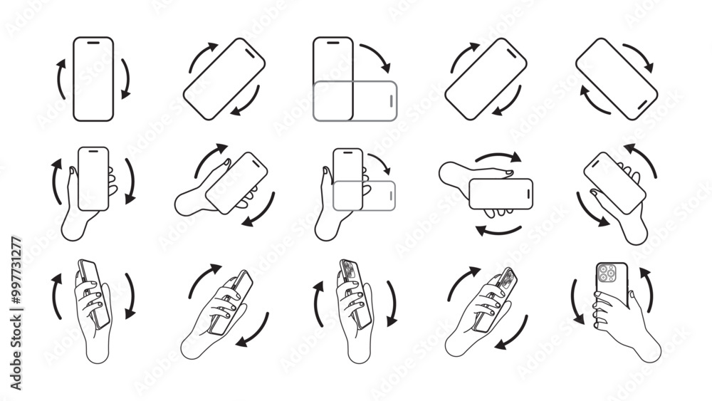 Poster rotate and turn smartphone icons set. hand holding phone with rotation symbol collection. vector.