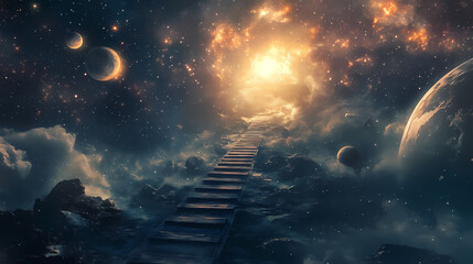 Obraz premium A mystical journey across the cosmos awaits on a ladder stretching from earth to the stars, beckoning adventurers. Space Odyssey. Illustration