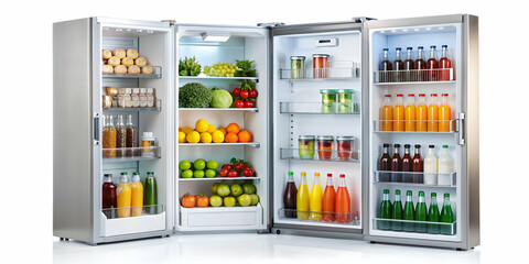 Cool and refreshing drinks displayed in an open refrigerator on a white background, refreshing, beverages, cold, drinks, summer