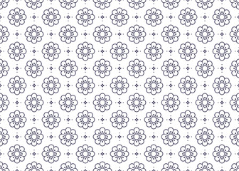 dark blue outline symbol floral on White background, ethnic fabric seamless pattern, design for cloth, carpet, batik, wallpaper, wrapping etc.