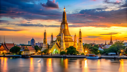 Fototapeta premium Buddhist temple Wat Arun, known as the Temple of Dawn, on the banks of the Chao Phraya River , Thailand