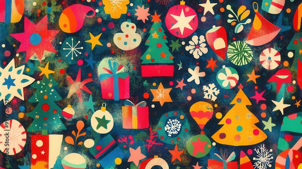 Poster the artwork showcases a lively array of christmas symbols in bold colors, creating a joyful and fest