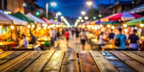 Obraz premium Rustic Wooden Table in Festive Street Night Market, Warm Atmosphere with Cozy Lights, Product Showcase Backdrop - Commercial Photography Concept
