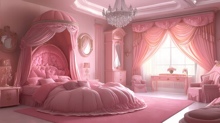 A pink princess bedroom with pink bed and pink furniture. Fairy Queen. Illustration
