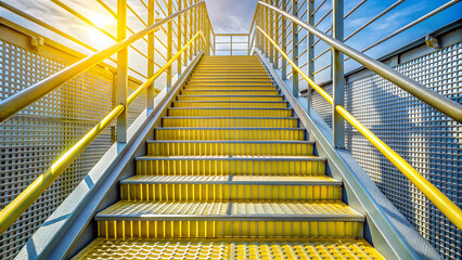 Fototapeta premium Clear sunlight enhances the sturdy metal stairs with safety yellow steps, sunny, bright, natural light, metal stairs