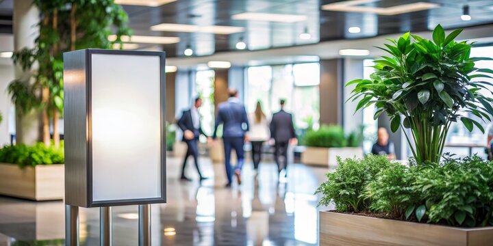 Sleek Corporate Signboard in Modern Office Lobby Clean, Minimalistic Design with Spacious Environment and Natural Accents for Business Branding and Communication Purposes
