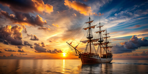 Old pirate ship sailing on the ocean at sunset, pirate ship, sailing, ocean, sunset, vintage, shipwreck, adventure, maritime