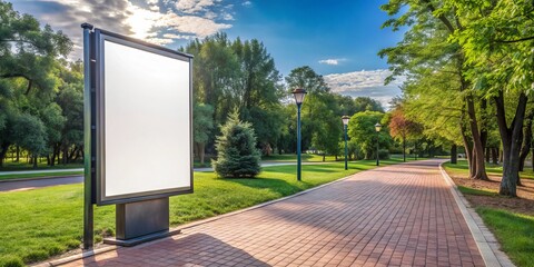 Tranquil Park Pathway with Blank Modern Billboard, Green Oasis of Serenity, Advertising Concept with Vibrant Nature Setting