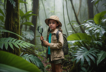 Una niña exploradora esta en la selva con una lupa en la mano