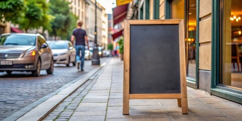 Urban Serenity Blank Chalkboard Sign on City Sidewalk, Tranquil Street Scene with Neutral Tones, Advertising Space for Messages, Commercial Use Concepts