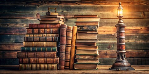 Vintage Lamp Illuminating Antique Books on Wooden Surface, Nostalgic Reading Corner Still Life, Cozy Atmosphere for Literature Lovers and Bookworms