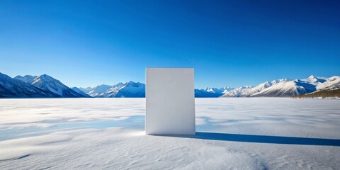 Fototapeta premium Winter Serenity Minimalist White Rectangle in Snowy Mountain Landscape - Tranquil Beauty, Solitude, Zen Elegance for Design, Advertising, and Stock - Blank Canvas for Creativity