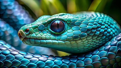 Fototapeta premium Closeup of a glittering blue green snake with scales reflecting light , fantasy, reptile, serpent, shiny, magical, wildlife