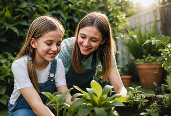 Una madre junto a su hija estan haciendo jardineria en un jardín
