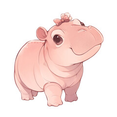 Naklejka premium Cute Cartoon Baby Hippopotamus with Pink Bow