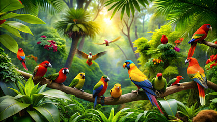 Tropical bird sanctuary with colorful birds in lush foliage , Wildlife, Aviary, Exotic, Feathers, Tropical, Sanctuary