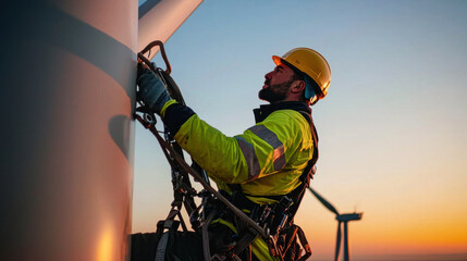 Obraz premium A worker climbs a wind turbine at sunset, showcasing dedication to renewable energy and safety in the outdoors.