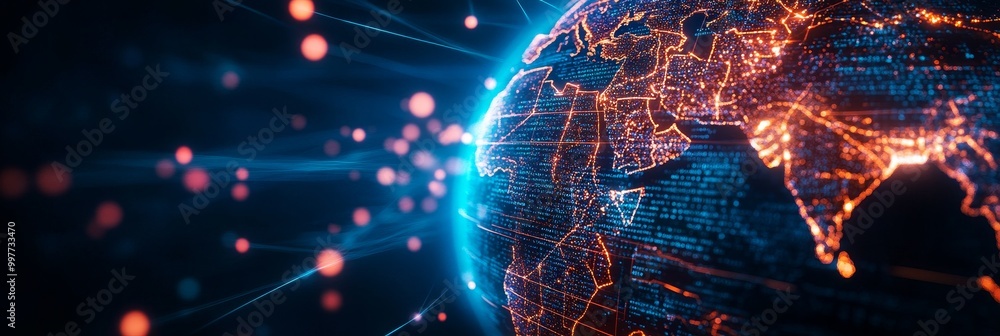 Poster x-ray view of a globe with glowing lines connecting continents, symbolizing global connectivity, com