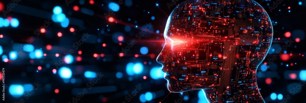 Poster 3d illustration of an ai head, its circuitry and glowing data symbolizing artificial intelligence, d