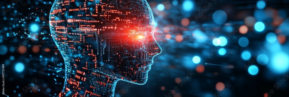 Poster a 3d illustration of an ai head, composed of digital circuits and data, representing the essence of 