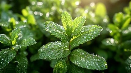 Close-up of mint and rosemary leaves covered in delicate morning dew, sunlight filtering through the garden, casting soft shadows on the vibrant green herbs, creating a peaceful morning scene.